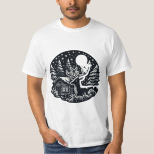 Camiseta Reno festivo en los bosques de cabinas nevadas