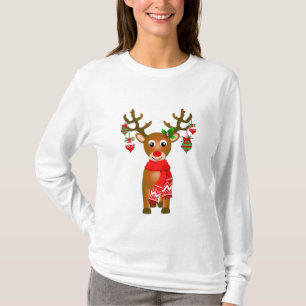 Camiseta Reno lindo con adornos navideños de manga larga