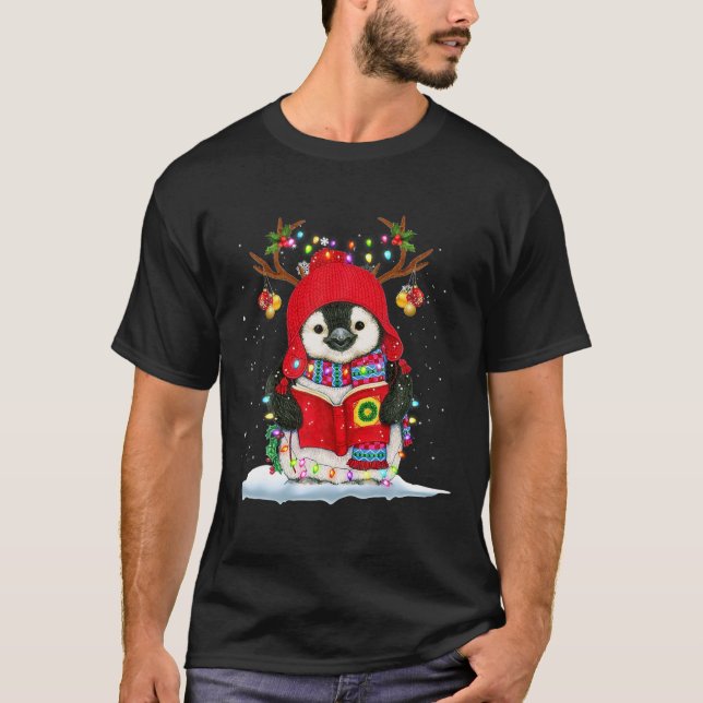 Camiseta Reno pingüino Santa Hat Xmas Luces Gigante Pingüi (Anverso)
