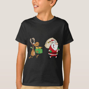 Camiseta Reno que corre con Santa que entrega los regalos