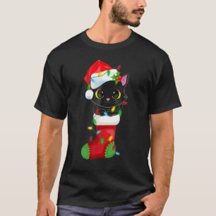 Camiseta Reno Santa Sombrero Gato Negro Luces de Navidad Ad