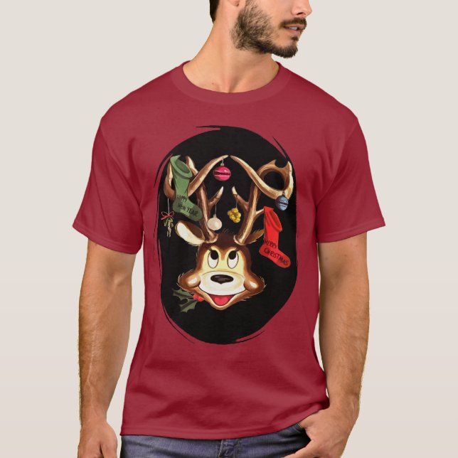 Camiseta Reno Sonriente Decorado Con Navidades Aleteando (Anverso)
