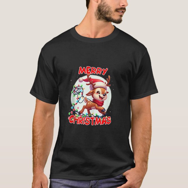 Camiseta Renos de Navidad enredados en Luces de Navidad (Anverso)