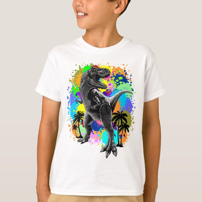 Camiseta Reptile Jurásico de Dinosaurio T-Rex sobre manchas (Anverso)
