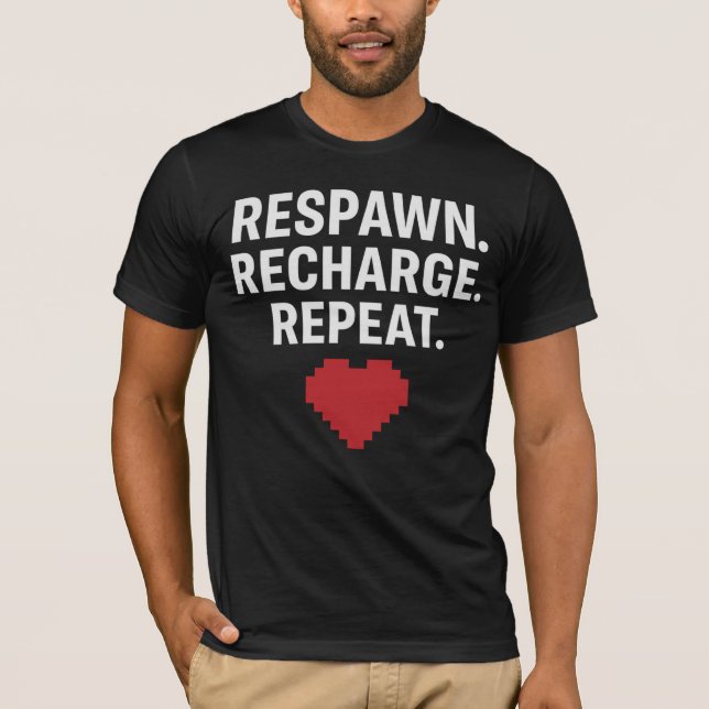Camiseta RESPAWN. RECARGAR. REPETIR. - Gamer Pixel Heart T- (Anverso)