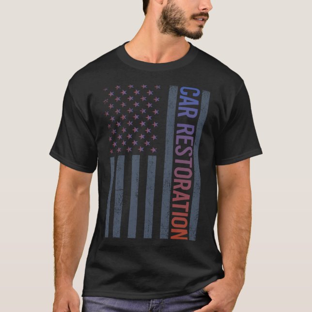 Camiseta Restauración de coches de bandera estadounidense (Anverso)