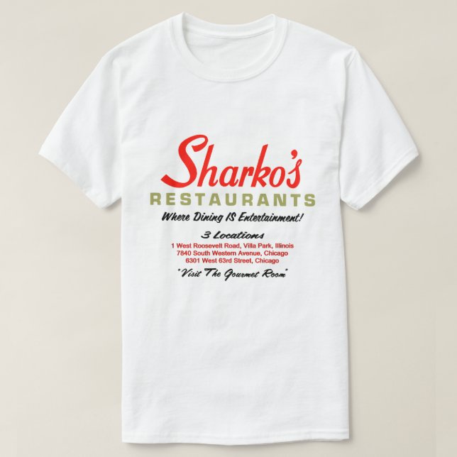 Camiseta Restaurantes de Sharko, 3 ubicaciones, Illinois (Diseño del anverso)