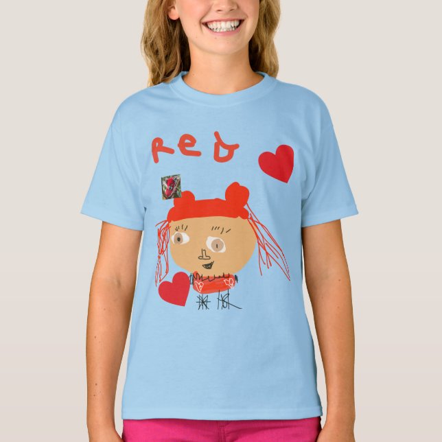 Camiseta Resumen Chica rojo con corazones en niños azules (Anverso)