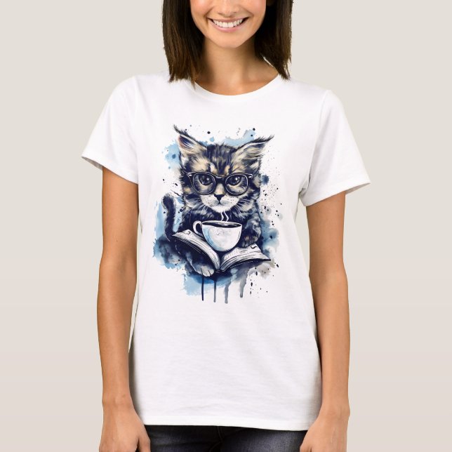 Camiseta Resumen de acuarela de café en libros para gatos (Anverso)