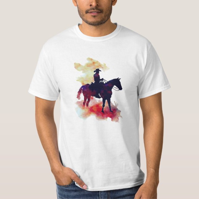 Camiseta Resumen de Cowboy Montando Silhouette de Caballo (Anverso)