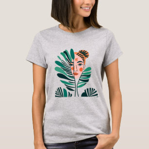 Camiseta Resumen de la cara de la mujer detrás de hojas de 