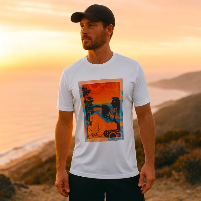 Camiseta Resumen del paisaje forestal del atardecer retro (Subido por el creador)