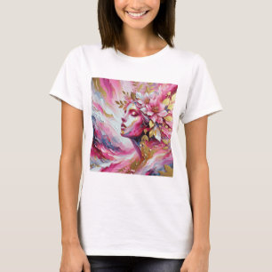 Camiseta Resumen La cara de una mujer elegante con hojas ro