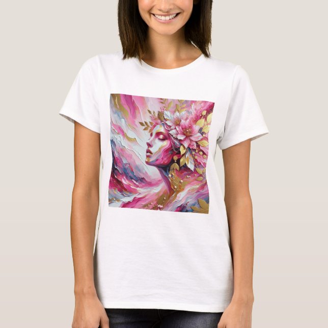 Camiseta Resumen La cara de una mujer elegante con hojas ro (Anverso)