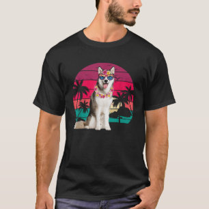 Camiseta Resumen retro hawaiano Husky Dog Tropical Palm Tre