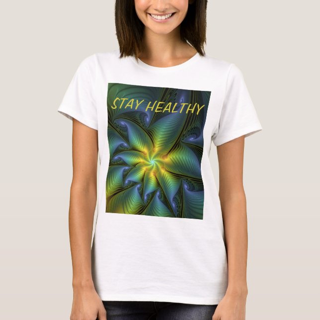 Camiseta Resumen Star Shiny Blue Green Golden Fractal Texto (Anverso)