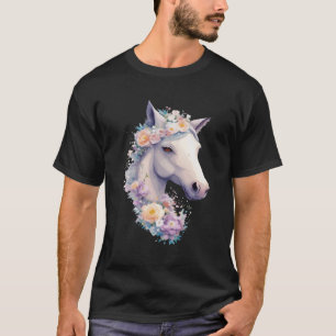 Camiseta Retrato blanco de caballo con flores de vaca
