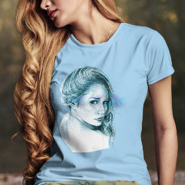 Camiseta Retrato chica Bonito Dibujo Artístico Azul