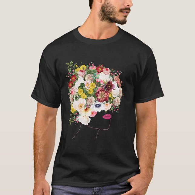 Camiseta Retrato Con Flor De Pelo Floral De Inspiración Bot (Anverso)