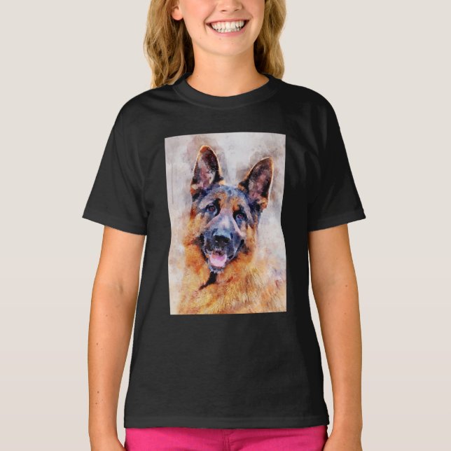 Camiseta Retrato de acuarela de perro pastor alemán 01 (Anverso)