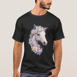 Camiseta Retrato de Caballo Blanco con lechera de flores