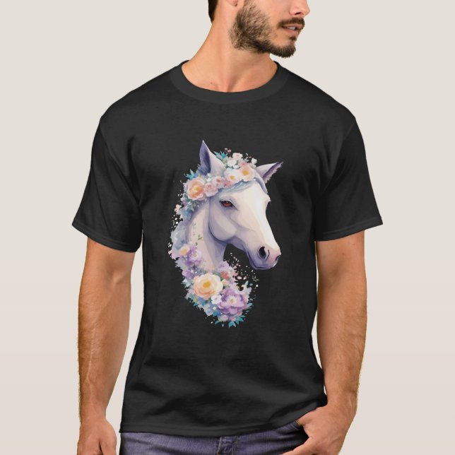 Camiseta Retrato de Caballo Blanco con lechera de flores (Anverso)