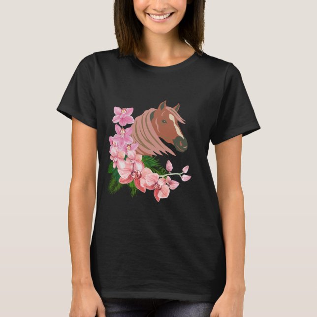 Camiseta Retrato de caballo con flores de orquídea (Anverso)