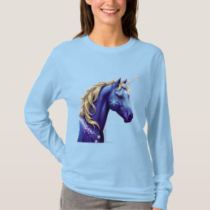 Camiseta Retrato de cabeza de unicornio azul en espacio noc