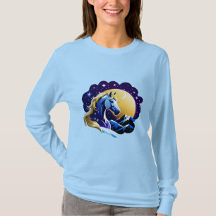 Camiseta Retrato de cabeza de unicornio azul en espacio noc