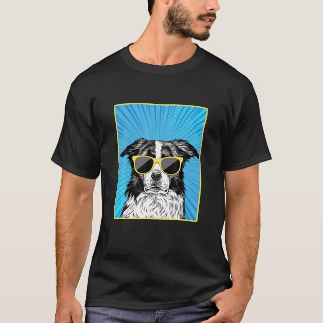 Camiseta Retrato De Collie Borde Perro De Arte Pop Con Gafa (Anverso)
