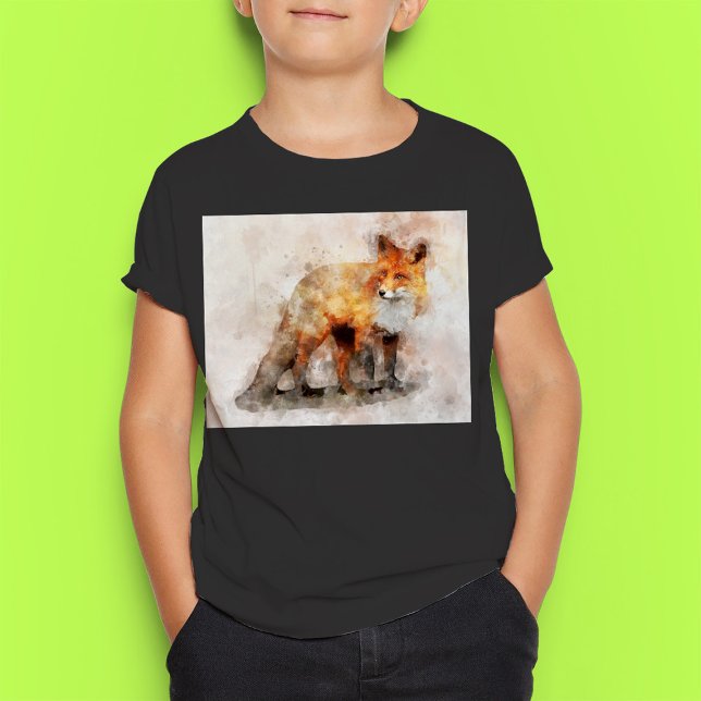Camiseta Retrato de color rojo Fox 04 (Red Fox Watercolor Portrait 04. Boy Basic Black T-Shirt)