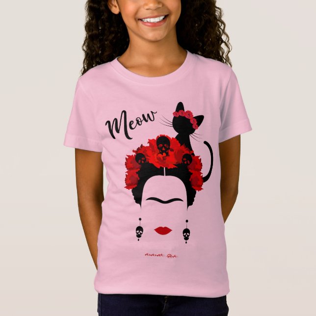 Camiseta Retrato de Frida Kahlo y lindo gato mexicano de va (Anverso)
