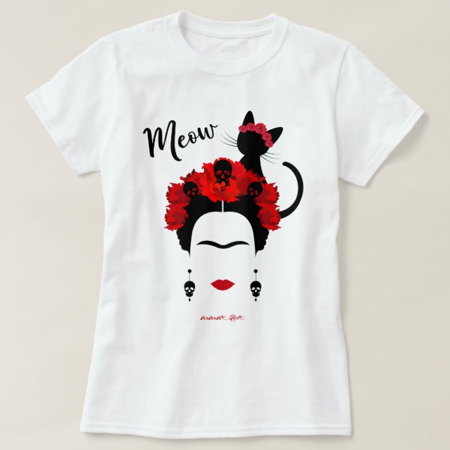 Camiseta Retrato de Frida Kahlo y lindo gato mexicano de va (Diseño del anverso)