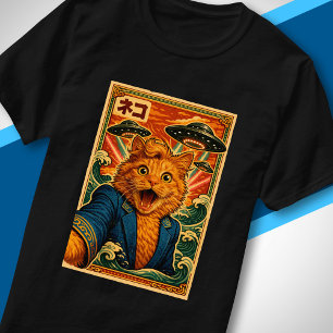 Camiseta Retrato de gato japonés retro OVNI Encuentro alien