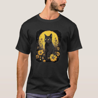Camiseta retrato de gato negro amarillo con flores silvestr