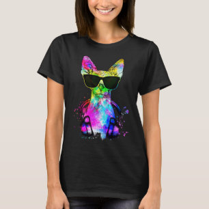 Camiseta Retrato de gato Sphynx de pop retro con auriculare