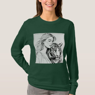 Camiseta Retrato de línea audaz de mujer rubia con tigre