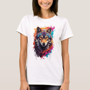 Camiseta Retrato de Lobo Colorido Arte de Animal Abstracto-