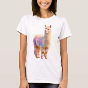 Camiseta Retrato de mujer alpaca arcoíris acuarela pastel