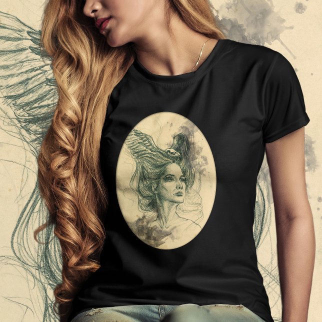 Camiseta Retrato de mujer Calavera de pájaro y alas Arte su (Subido por el creador)