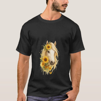 Camiseta Retrato de mujer con girasoles y caballo vaquera e