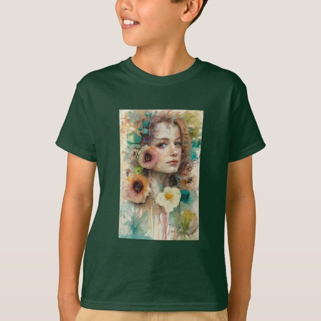 Camiseta Retrato de mujer de flor abstracta (Anverso)