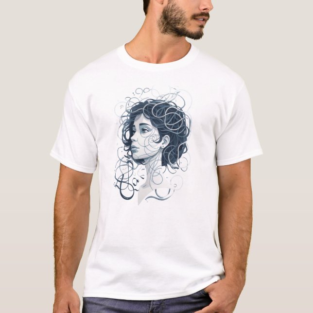 Camiseta Retrato de mujer etérea - Pelo giratorio abstracto (Anverso)