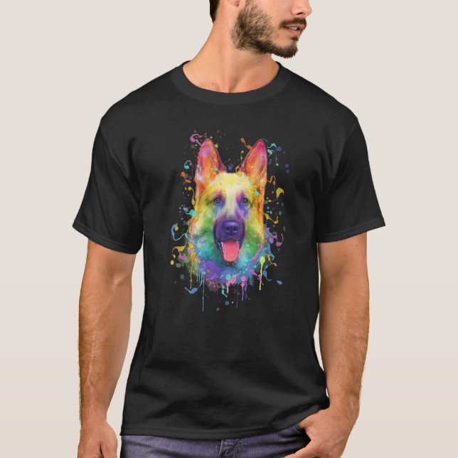 Camiseta Retrato de pastor alemán con salpicaduras colorida (Anverso)