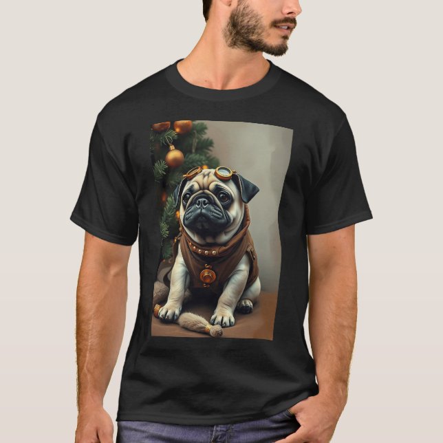 Camiseta Retrato de perro Pug Steampunk II (Anverso)