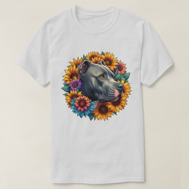 Camiseta Retrato de perro rodeado de brillantes girasoles (Diseño del anverso)