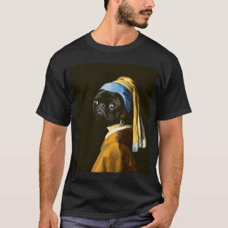Camiseta Retrato de Pug Negro Chica con un pendiente de per