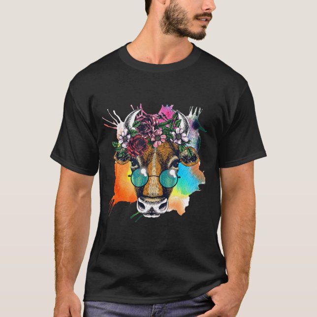 Camiseta Retrato De Vaca Con Guirnalda Floral Y Cristal Gir (Anverso)