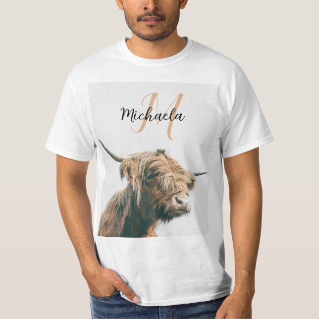 Camiseta Retrato de vaca de Highland nombre personalizado m (Anverso)