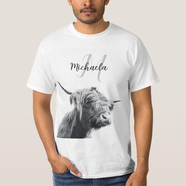 Camiseta Retrato de vaca Highland monograma inicial blanco  (Anverso)